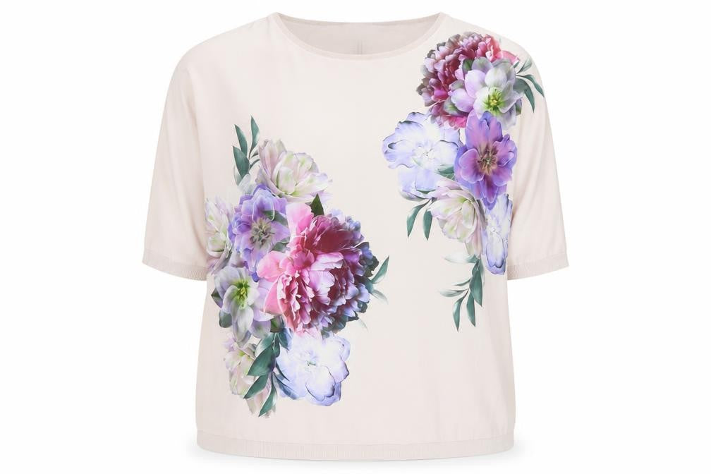 Front view of Oasis Women's Beige Floral 3/4 Sleeve T-Shirt - Medium