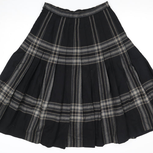 Women's Black Pleated Wool Plaid Long Skirt, Size 14