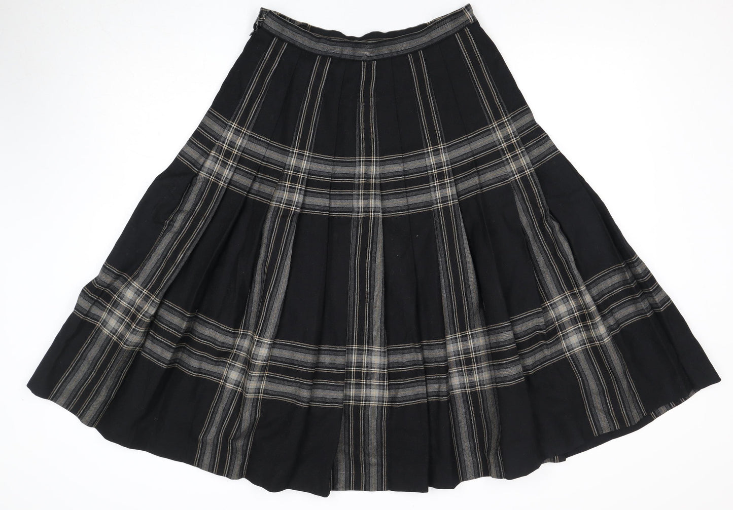 Women's Black Pleated Wool Plaid Long Skirt, Size 14