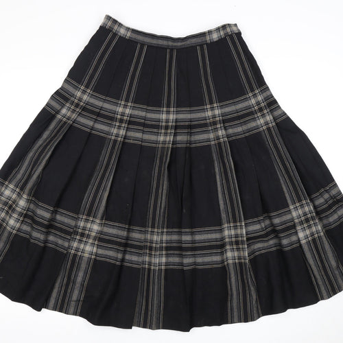 Women's Black Pleated Wool Plaid Long Skirt, Size 14
