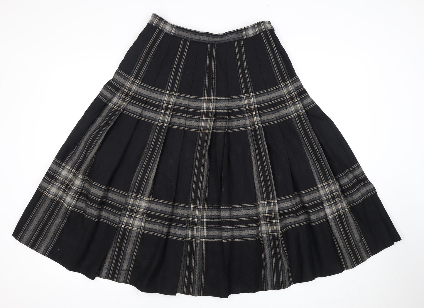 Women's Black Pleated Wool Plaid Long Skirt, Size 14