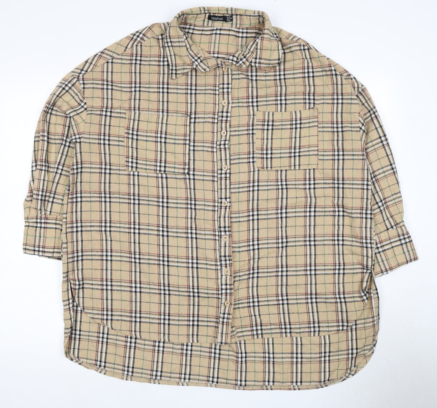 Boohoo Women's Beige Plaid Button-Up Shirt Size 12