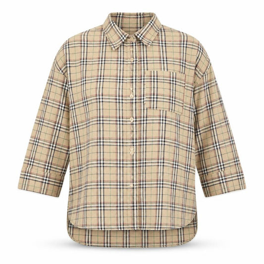 Front view of Boohoo Women's Beige Plaid Button-Up Shirt, size 12
