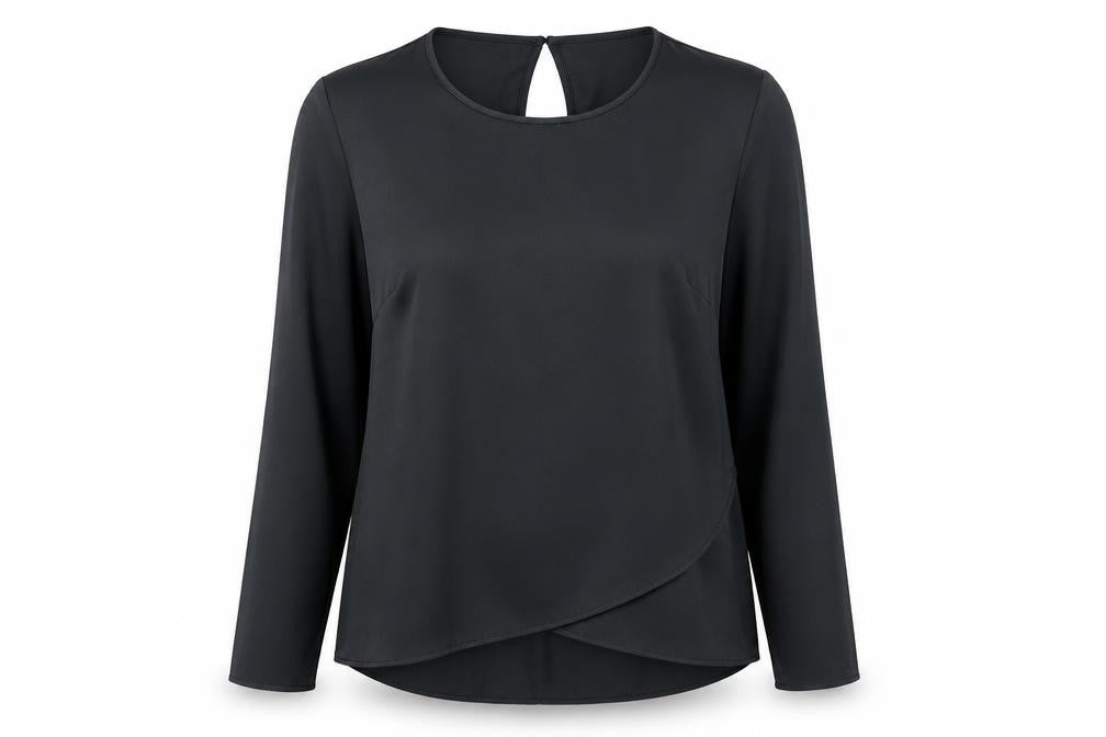 Front view of H&M Elegant Women's Black Blouse, size 14, Long Sleeve