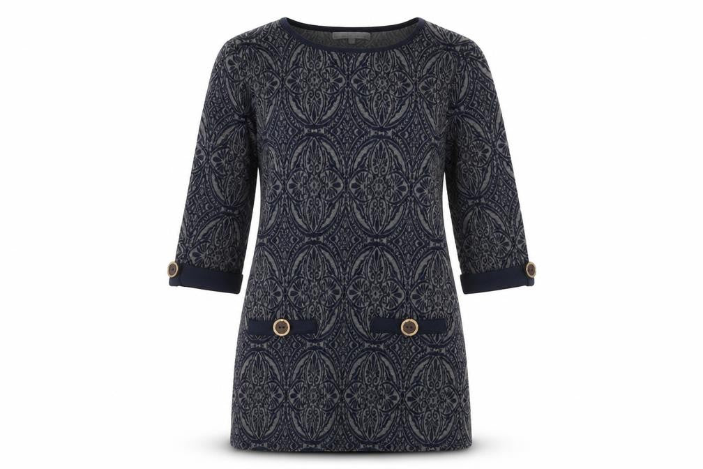 Lakeland Women's Blue Geometric Shift Dress, S, 3/4 Sleeve