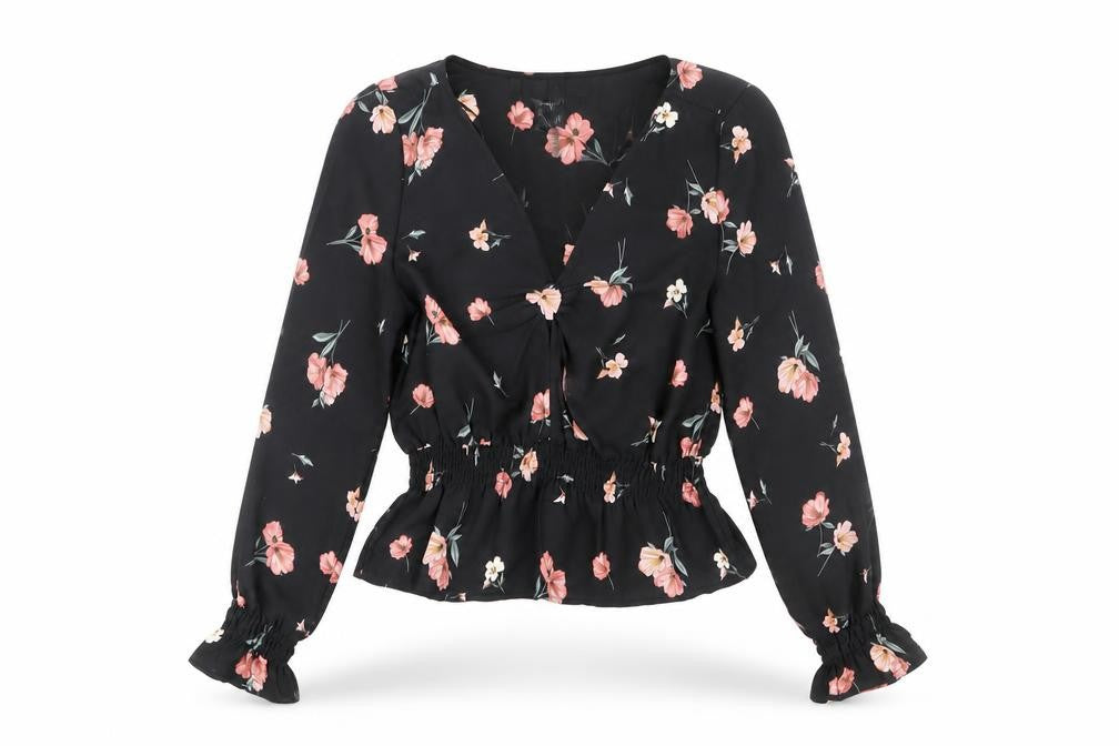 Front view of H&M Women’s Black Floral Wrap Blouse -, size UK 8