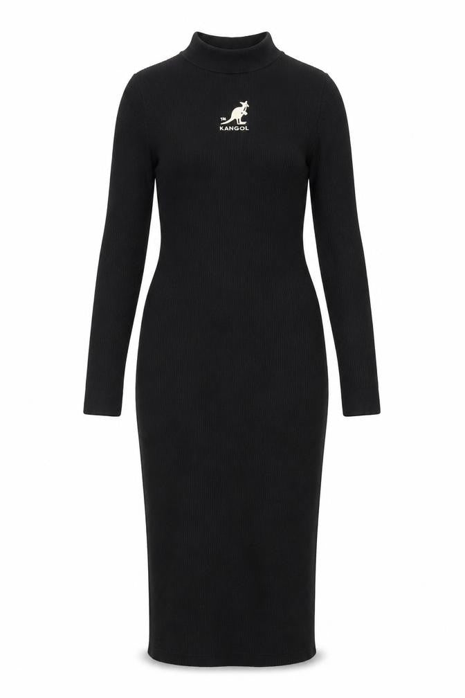 Kangol Women's Black Midi Long Sleeve High Neck Sheath Dress