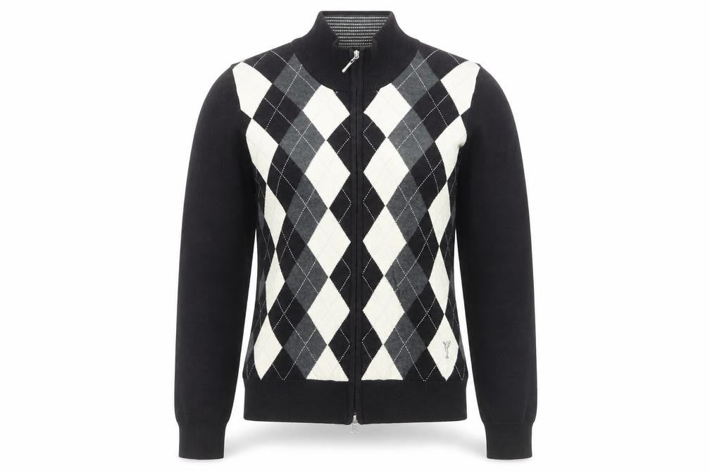 Front view of Golfino Women's Black Argyle Full Zip Jumper, size 10