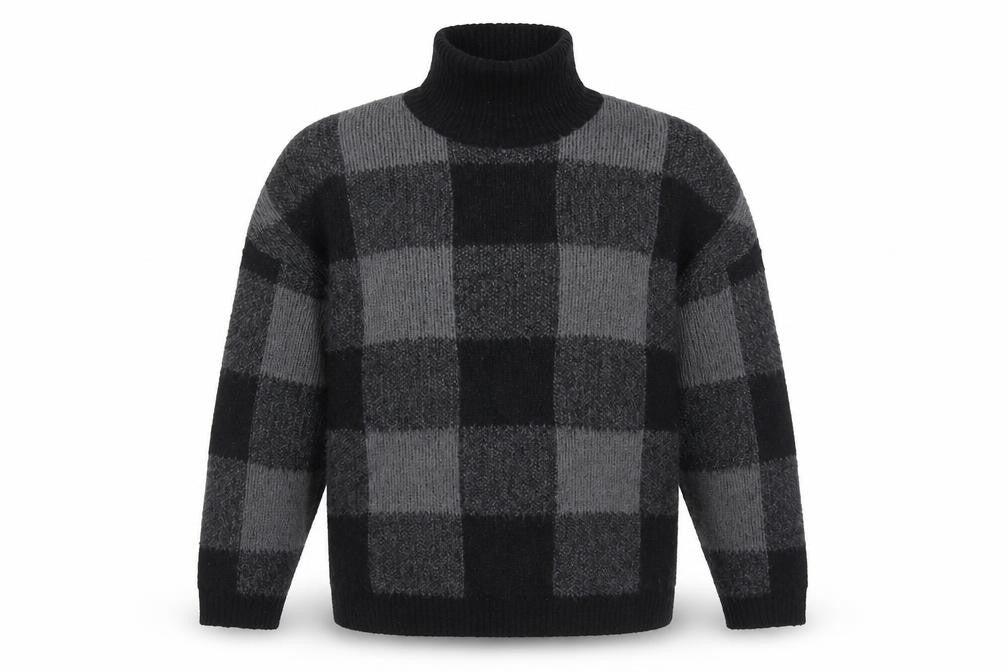 Front view of ASOS DESIGN Men's Black Roll Neck Check Jumper L