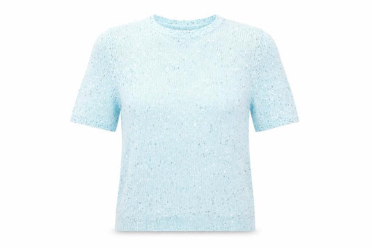 Front view of Damart Women's Blue Knit T-Shirt, size 10-12, Crew Neck