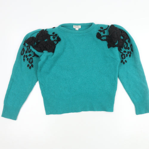 Viyella Women's Blue Pullover Jumper M, Floral Accents