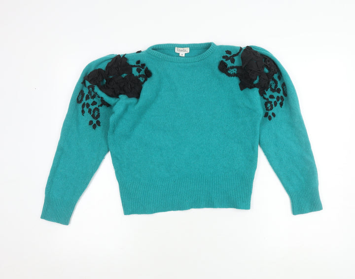 Viyella Women's Blue Pullover Jumper M, Floral Accents