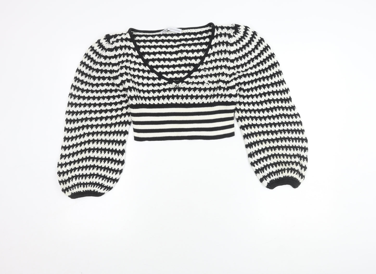 Zara Women's Black & White Striped Cotton Jumper Size 12