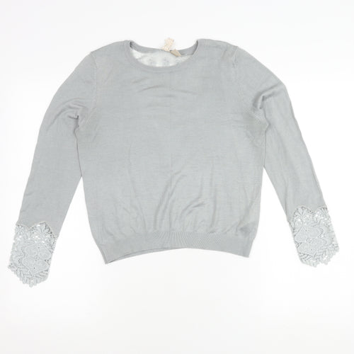 H&M Women's Grey Long Sleeve Top with Lace Accent