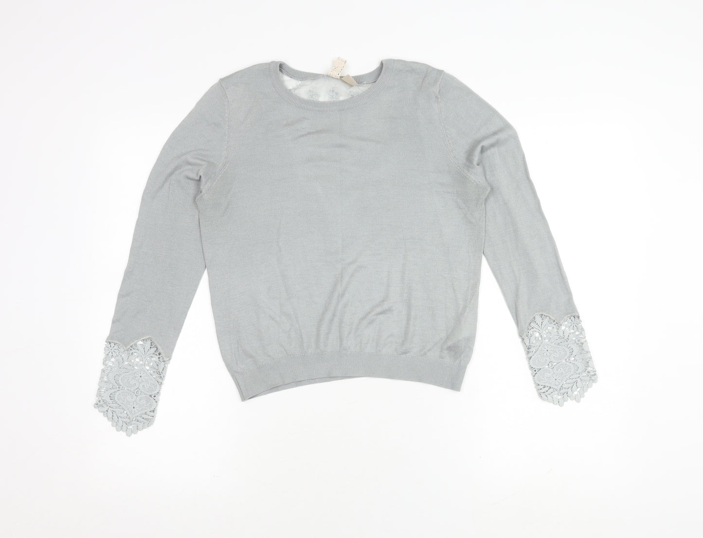 H&M Women's Grey Long Sleeve Top with Lace Accent