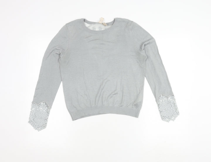 H&M Women's Grey Long Sleeve Top with Lace Accent