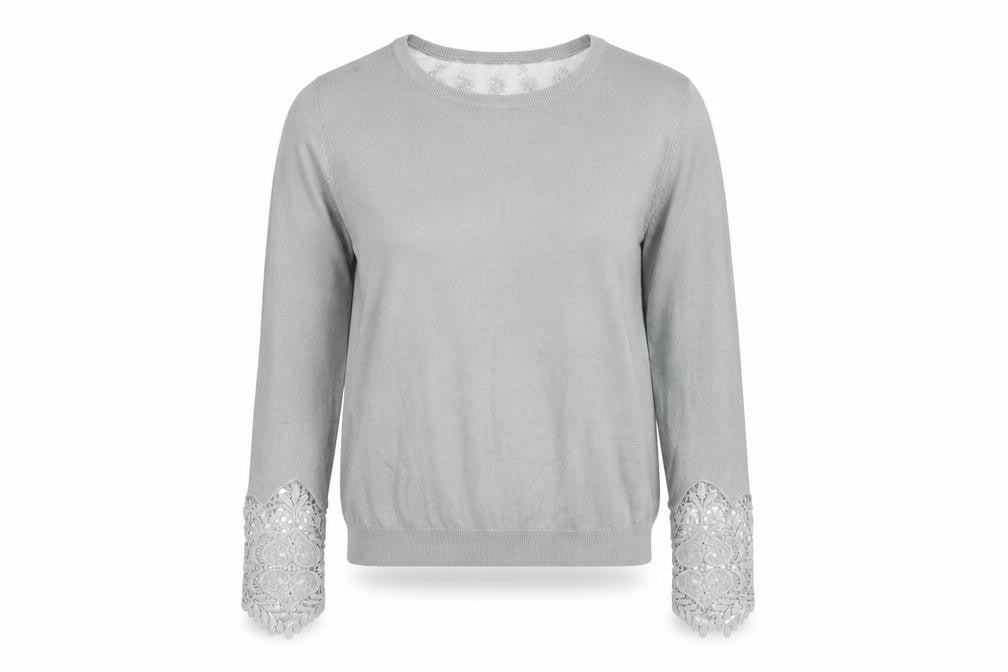 Front view of H&M Women's Grey Long Sleeve Top with Lace Accent