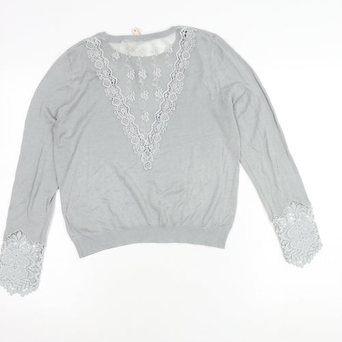 H&M Women's Grey Long Sleeve Top with Lace Accent