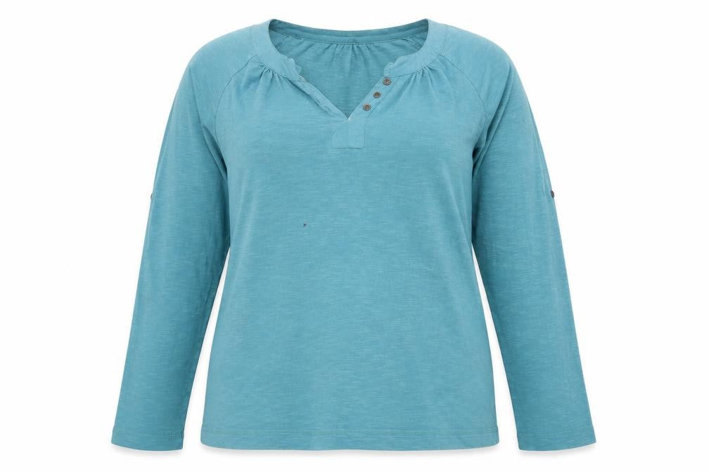 Front view of Mudd & Water Women's Blue Cotton Henley Long Sleeve T-Shirt