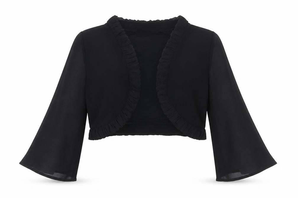 Front view of Gallery Women's Black Cropped Top, size 14, Ruffle Detail