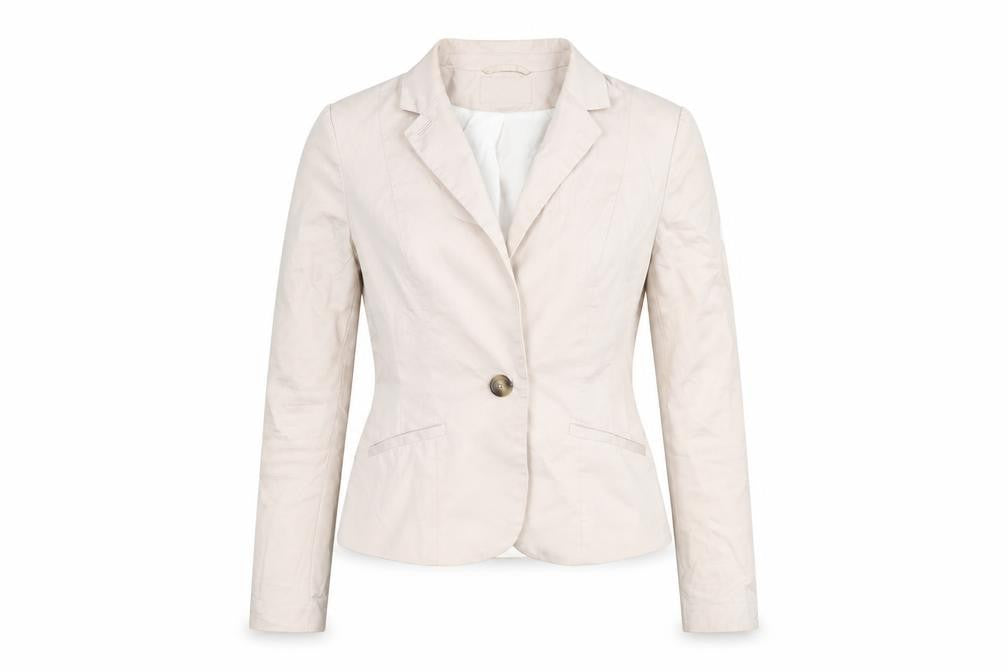 Front view of H&M Women's Beige Blazer, size 10, Single-Breasted