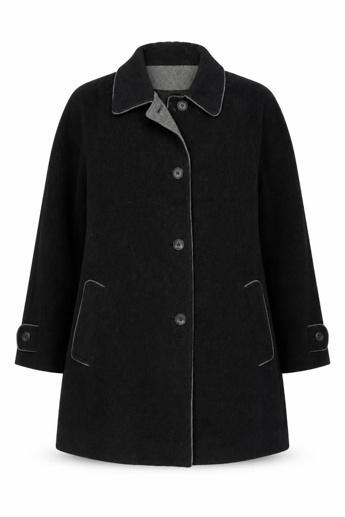 Front view of C&A Women Black Wool Coat, size 14, Button Long