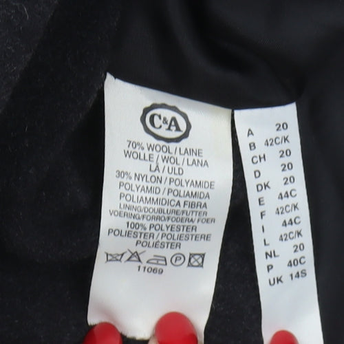 C&A Women Black Wool Coat Size 14 Button Long