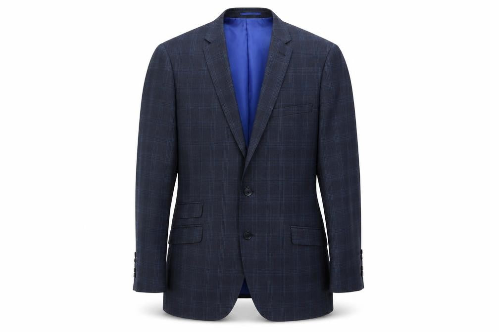 Front view of Fellini Men’s Navy Checked Blazer 44R Tailored Fit