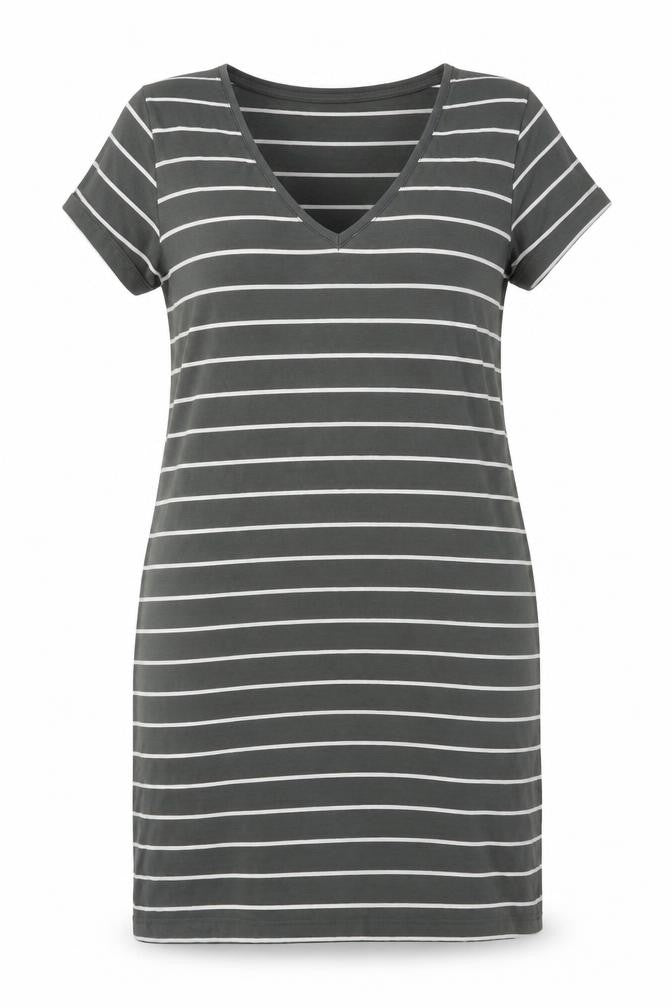 Front view of BASIC Women's Green Striped T-Shirt Dress, size 12