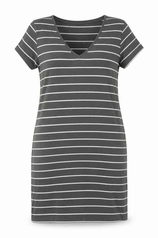Front view of BASIC Women's Green Striped T-Shirt Dress, size 12
