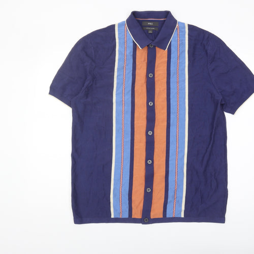 Marks and Spencer Men's Blue Striped Polo T-Shirt L