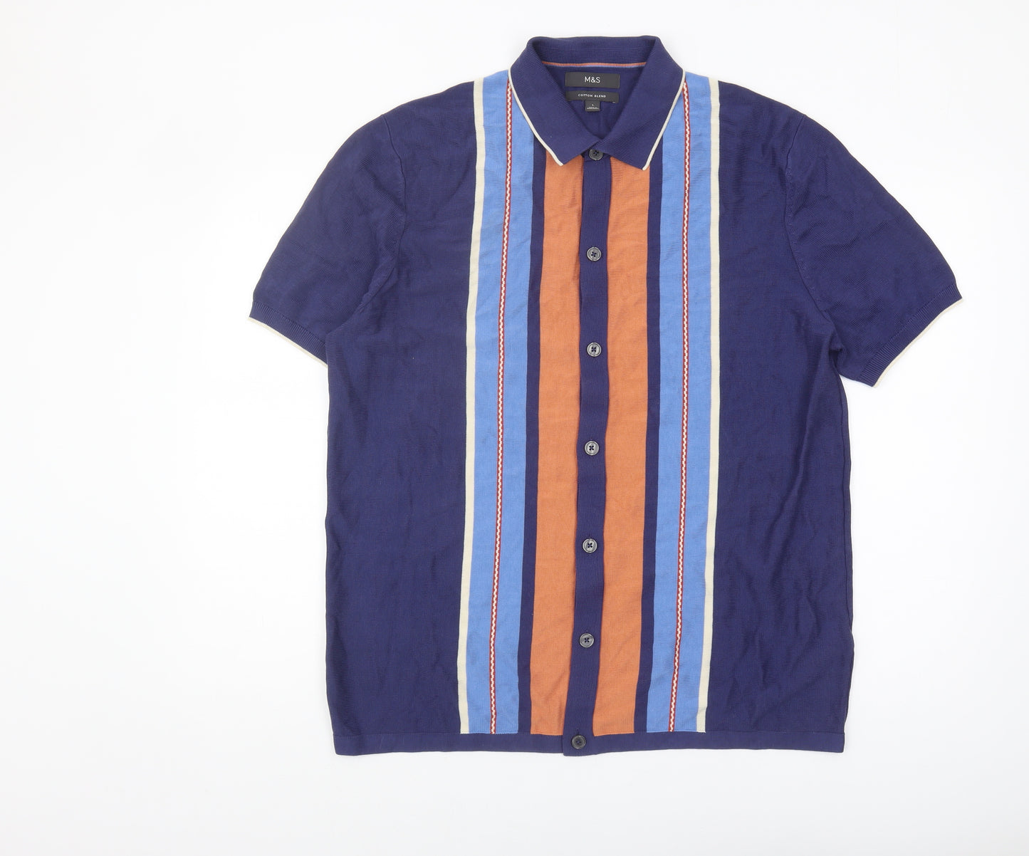 Marks and Spencer Men's Blue Striped Polo T-Shirt L