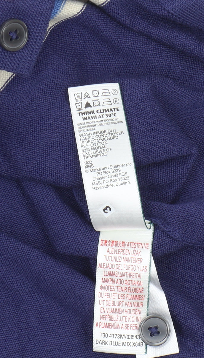 Marks and Spencer Men's Blue Striped Polo T-Shirt L
