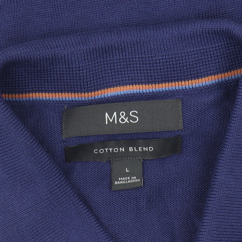 Marks and Spencer Men's Blue Striped Polo T-Shirt L