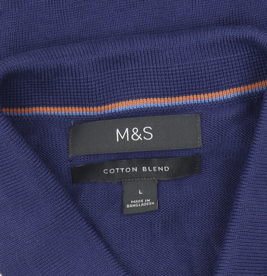 Marks and Spencer Men's Blue Striped Polo T-Shirt L