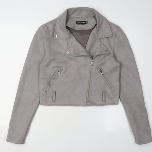 PrettyLittleThing Grey Biker Cropped Jacket - Size 8