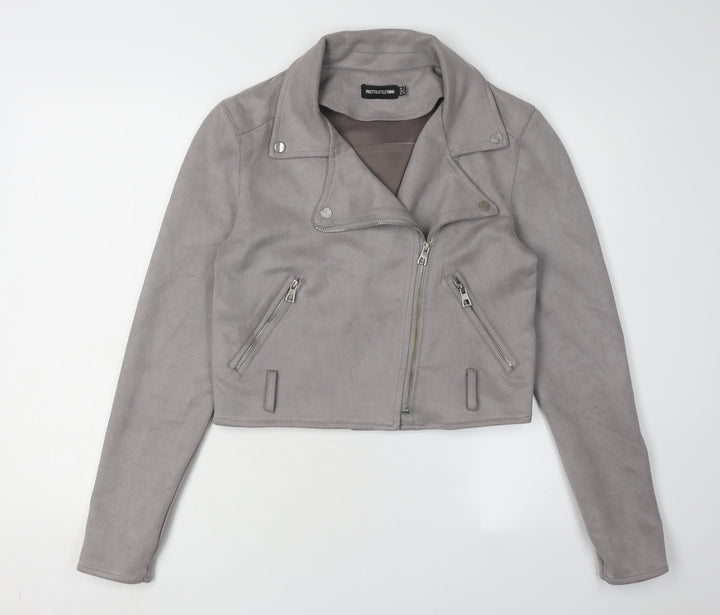 PrettyLittleThing Grey Biker Cropped Jacket - Size 8