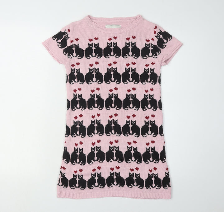 River Island Girls Pink Cat Knit Dress, Size 7-8 Years