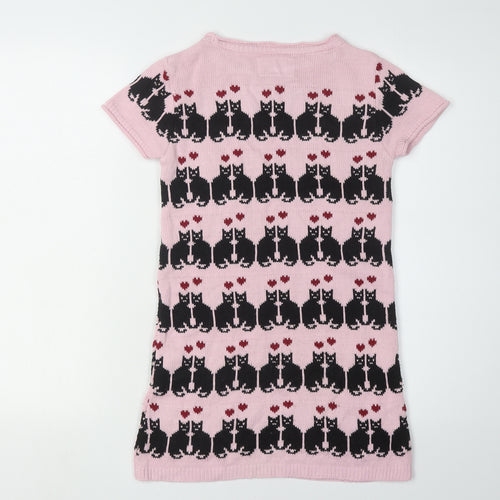 River Island Girls Pink Cat Knit Dress, Size 7-8 Years