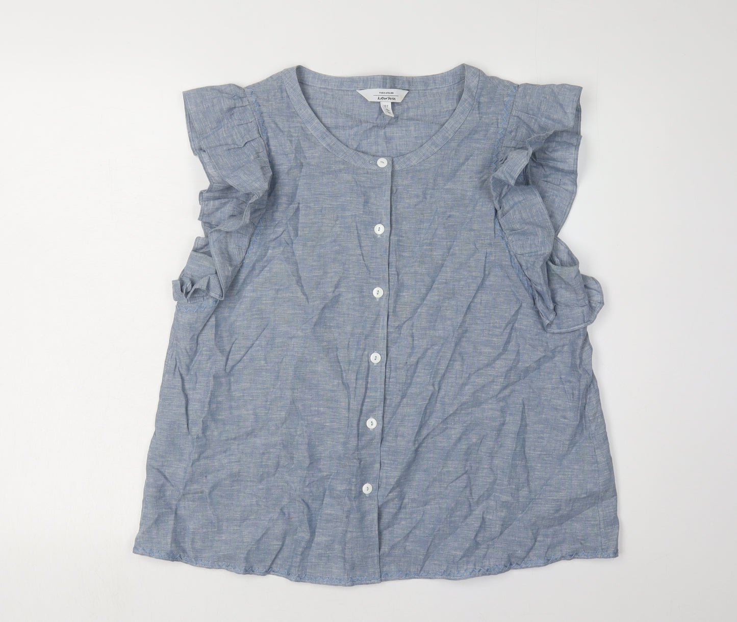 & Other Stories Women's Blue Ruffle Blouse, Size 14, Sleeveless