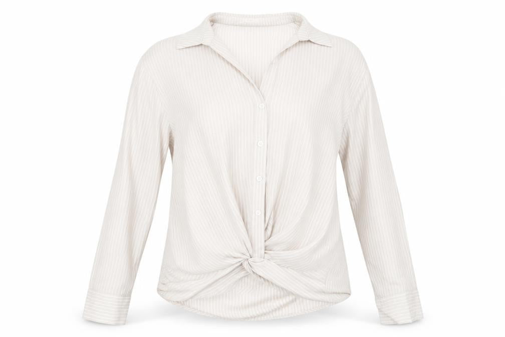 Front view of Mango Casual Women's Beige Button-Up Shirt, size 4