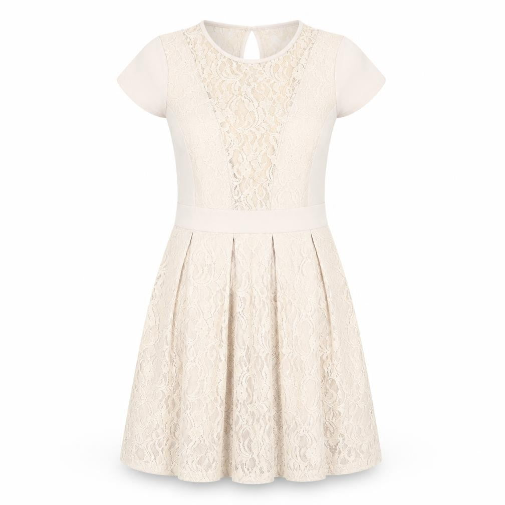 Front view of Warehouse Women Beige Short Sleeve Party Dress