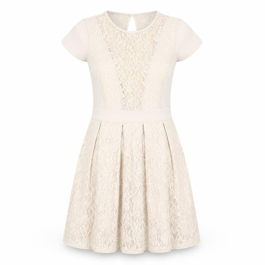 Front view of Warehouse Women Beige Short Sleeve Party Dress