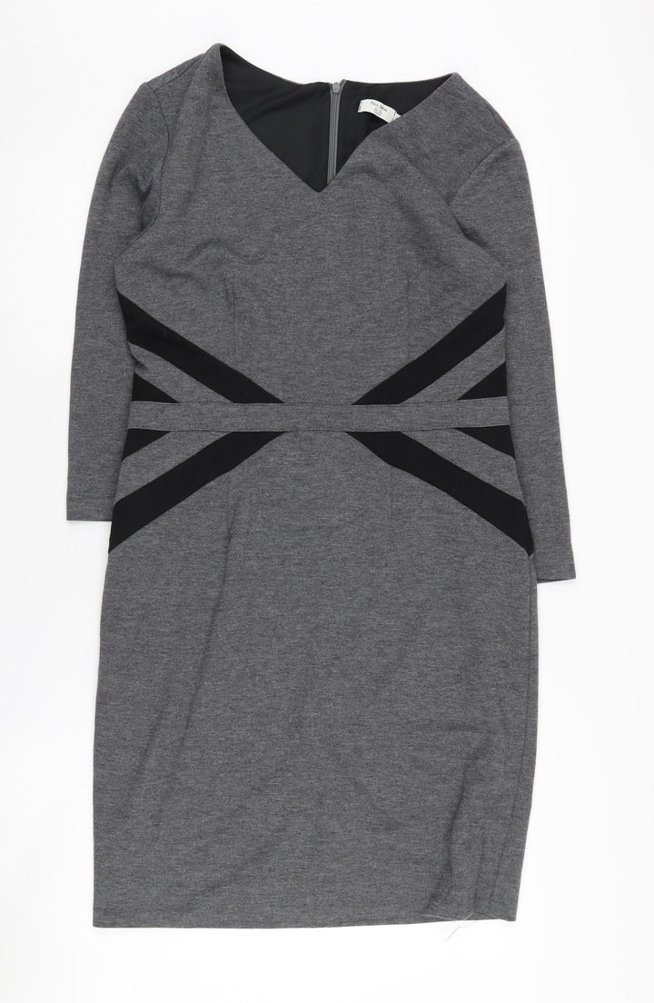 Paul Brial Women's Grey Pencil Dress Size 10, V-Neck, 3/4 Sleeve