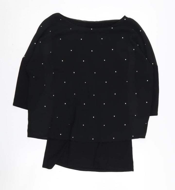 Wallis Women Black 3/4 Sleeve Top, Size S, Studded Detail