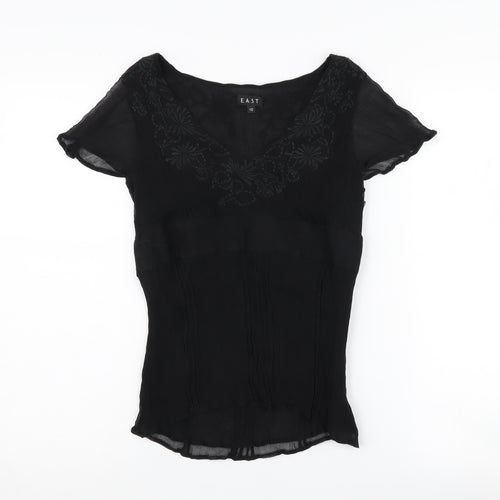 East Women's Black Silk Embroidered Top Size 10