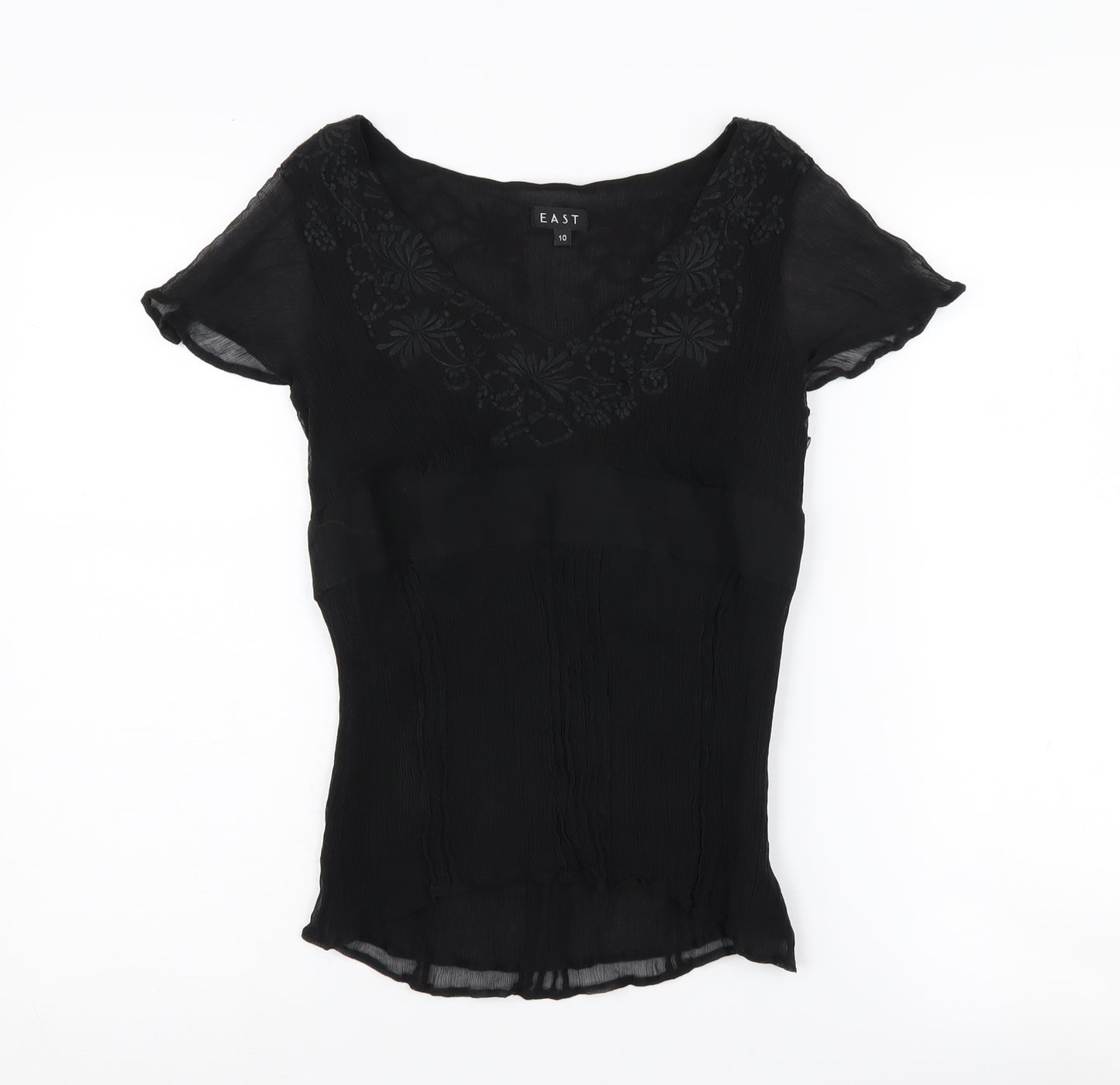 East Women's Black Silk Embroidered Top Size 10