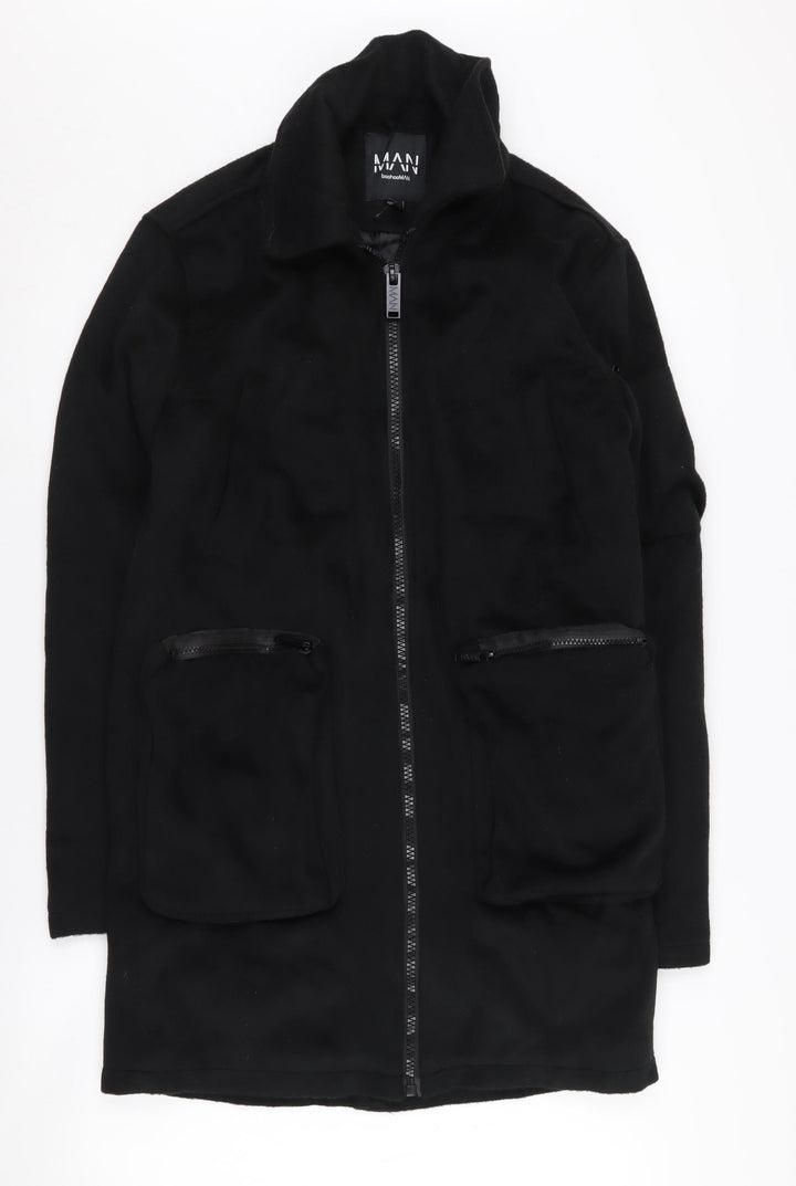boohooMAN Men's Black Long Coat XS Casual Zip