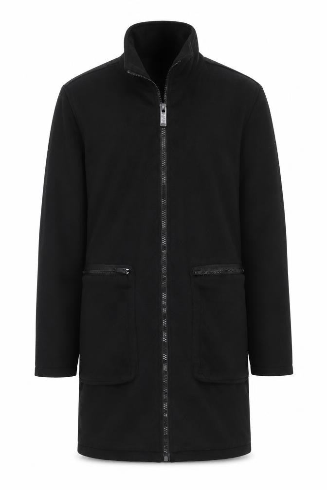 Front view of boohooMAN Men's Black Long Coat XS Casual Zip