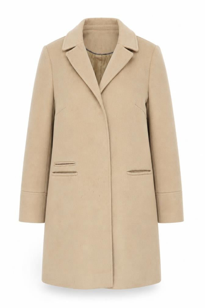 Front view of Topshop Women's Beige Mid-Length Overcoat, size 10